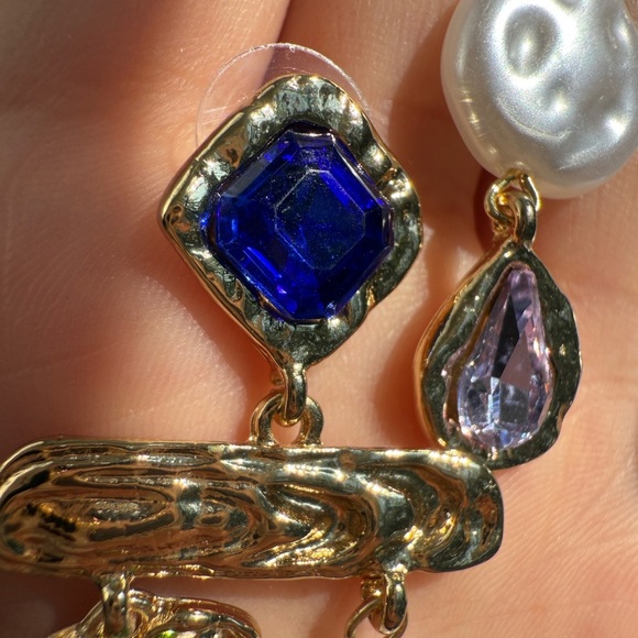 Vintage colourful rhinestone Gold and Gemstone Drop Earrings - Picture 8 of 10